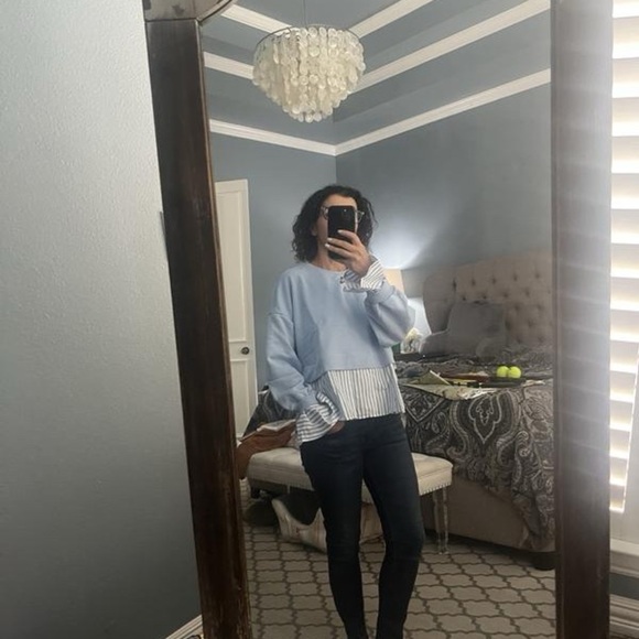 NWT! ANTHROPOLOGIE BLUE WEDGEWOOD MAEVE STRIPED TRIM TWOFER SWEATSHIRT- MEDIUM 💚 - Picture 6 of 7